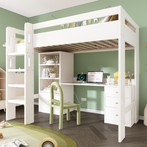 Kids' High Sleeper Loft Bed with Built-in Storage and Soft‑Close Drawers, Bunk Bed with USB/Type‑C Charging, 196L x 108W x 175H cm, White