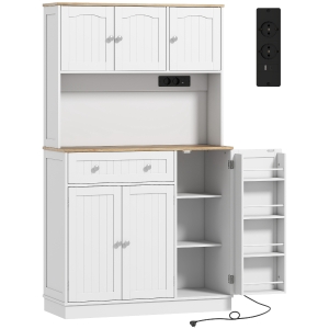 HOMCOM Alacena de Cocina con Estación de Carga 6 Puertas 1 Cajón Estantes Ajustables Encimera Amplio 100x40x173 cm Blanco