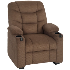 HOMCOM Electric Massage Recliner Armchair with Vibration, Heat, Whisper-Quiet Motor, Memory Function, Fleece Power Reclining Chair with Spring Pack, USB Port, Footrest, Side Pocket, Cup Holders, Brown