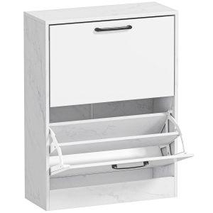 HOMCOM Sapateira Estreita 2 Portas de Alto Brilho com Prateleiras Ajustáveis Design Mármore para 8 Pares de Sapatos 60x24x80 cm Branco