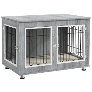 PawHut Dog Crate Furniture End Table, with Washable Cushion, Double Doors, for Medium/Large Dogs, Grey
