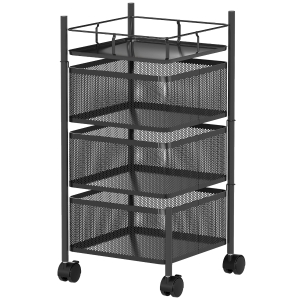 HOMCOM Cărucior de Bucătărie cu 3 Nivele cu Coșuri Rotative din Metal, Roți și Frână, 27,5x27,5x62 cm, Negru