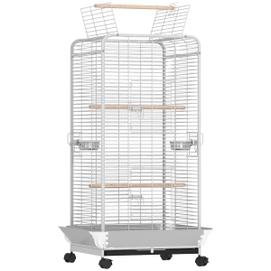PawHut Jaula para Loros con Ruedas Perchas Comederos y Bandeja Extraíble Pajarera para Cacatúas Cotorras 79x73x146cm Gris Claro