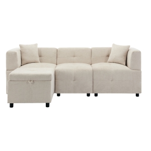 Canapé d'angle 3 places avec rangement, design en L avec pouf amovible et 2 coussins, 204x126x69 cm, Beige