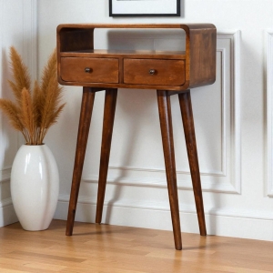 Solid Mango Wood Mini Console Table with 2 Drawers and Open Slot, Desk with Deep‑Penetrating Stain Finish, 30L x 60W x 90H cm, Brown