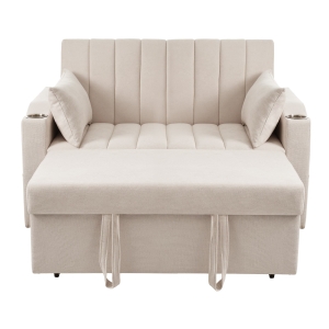 Canapé-lit multifonction moderne avec dossier réglable, porte-gobelet et coussin, 136x162x84 cm, Beige