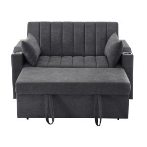 Canapé-lit multifonction moderne avec dossier réglable, porte-gobelet et coussin, 136x162x84 cm, Gris
