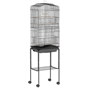 PawHut Jaula para Pájaros con Soporte Jaula Metálica con Ruedas Bandeja Extraíble y Estante 46,5x36x157 cm Negro