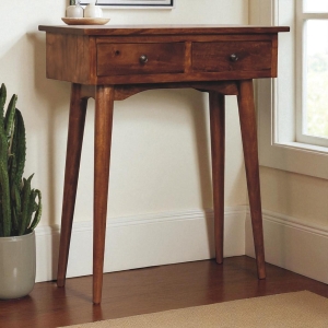 Solid Mango Wood Mini Hallway Console Table with 2 Drawers, Scandi Legs, Handcrafted Desk with Circular Design, 30L x 70W x 78H cm, Brown