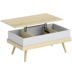 HOMCOM Mesa de Centro Elevable con 3 Compartimientos de Almacenaje Ocultos y Patas de Madera 100x79x54 cm Natural y Blanco