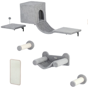 PawHut Cat Wall Shelves, 6 Piece Cat Shelf Set with Condo, Jumping Platform, Hammock, Steps, Perch, Sisal Scratching Board, Toy Ball, Kitty Playground Activity Centre, Grey