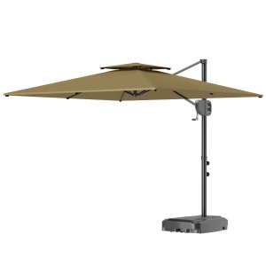 Outsunny Parasol de Jardin à Manivelle 2.5x2.5 m avec Double Toit et Tête Inclinable, Parasol Déporté à Bras avec Socle en Croix, Base Remplissable et Aération, UV30+, Kaki