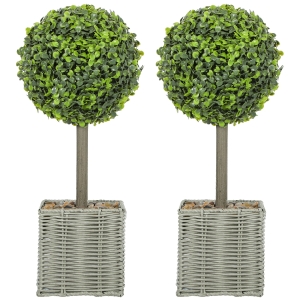 HOMCOM Set of 2 Decorative Artificial Plants, 50cm UV Resistant Faux Boxwood Topiary Balls with Woven Plastic Pot and Pebbles, Fake Plants for Indoor Outdoor Decor, Green