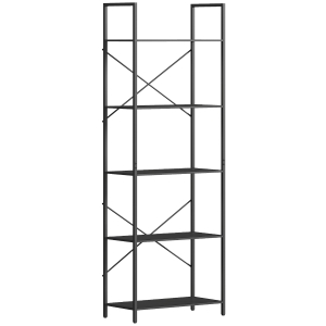Regał na książki HOMCOM, 5-piętrowy, industrialny regał biurowy z metalową ramą, otwarty regał magazynowy do salonu, biura, pokoju pracy, 60x30x170,5 cm, Czarny