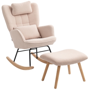 HOMCOM Rocking Chair with Footstool, Sherpa Fleece Armchair with Wooden Legs and Pillow, High Backrest Lounge Chair for Adults, Nursery, Living Room, Bedroom, Beige