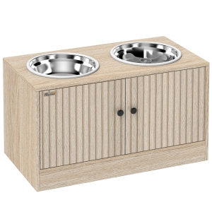 PawHut Comedero Perro Elevado con 2 Cuencos de Acero Inoxidable 2x2000 ml con Comedero Lento Almacenamiento Oculto Roble