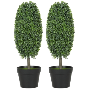 HOMCOM Set of 2 Decorative Artificial Plants, 60cm UV Resistant Faux Olive-Shaped Topiary with Plastic Pot and Flocking, Fake Plants for Indoor Outdoor Decor, Green