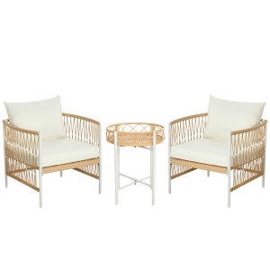 Outsunny Zestaw Mebli Ogrodowych z Rattanu 3-częściowy, Komplet Mebli Ogrodowych z 2 Krzesłami Ogrodowymi, Stolik Kawowy, Zestaw Balkonowy z Poduszkami, na Balkon, Taras, Żółty+Kremowy