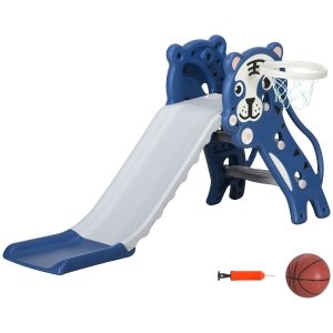 AIYAPLAY Scivolo per Bambini 18-36 Mesi con Canestro da Basket Laterale in PE, 133x60x70 cm, Blu e Grigio