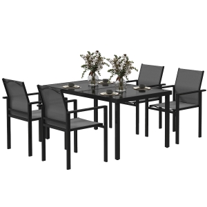 Outsunny Table de jardin extérieure avec 4 chaises empilables, plateau en verre trempé 140 cm, noir