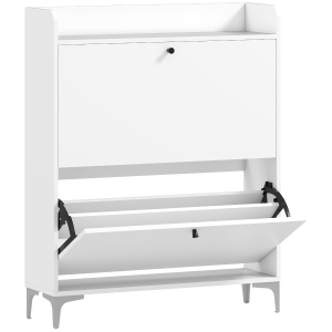 HOMCOM Mobile Scarpiera Slim con 2 Cassetti a Ribalta e Ripiani Regolabili, in Legno e Metallo, 80x24x101 cm, Bianco