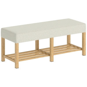 HOMCOM Banco para zapatos, banco de almacenaje con asiento acolchado, estantería abierta, madera de hévea, 120x44x48 cm, madera natural