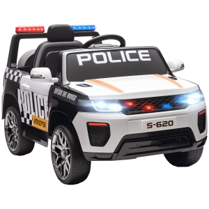 AIYAPLAY Carro Elétrico para Crianças de Polícia 12V com Motor Duplo Suspensão em 4 Rodas Sirene Faróis LED Porta USB Bluetooth e Música Branco