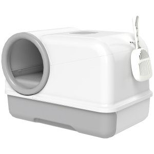 PawHut Kattenbak met deksel schep uittrekbare bak 2 actieve koolfilters voor katten tot 5 kg 59x39,5x39,5cm Wit+Grijs