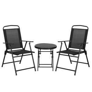 Outsunny Three-Piece Garden Seat Set, with Glass-Top Table - Black