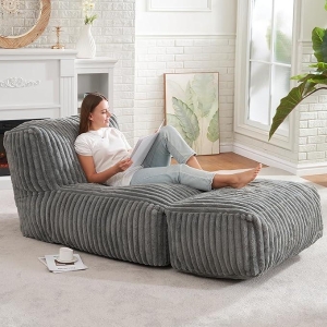 Modular Bean Bag Sofa with Ottoman and Removable Machine-Washable Cover, Couch with High-Density Foam, 160L x 80W x 66H cm, Light Gray