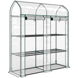 Outsunny Estufa Pequena de 3 Níveis 2 Portas Enroláveis Estrutura de Aço Cobertura de Plástico 143x46x165 cm Transparente