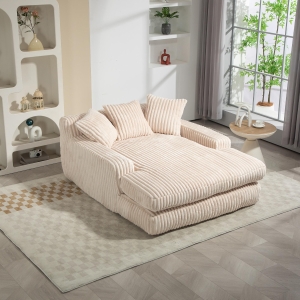 Oversized Chaise Longue Sofa with 3 Throw Cushions and Wide Armrests, Chair with Shredded Memory Foam Seat, 155L x 125W x 63H cm, Beige