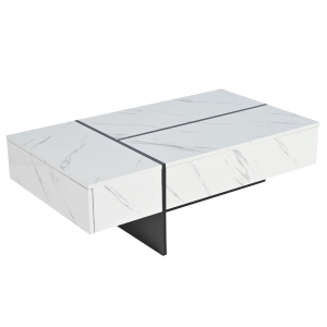 Moderne salontafel met app-gestuurde LED-verlichting, 3 lades en hoogglans marmerlook blad, USB 5V/2A-kabel inbegrepen, 105×60×35 cm, wit
