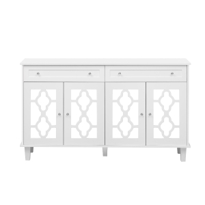 Credenza buffeti con 4 ante a specchio e maniglie in cristallo, 140x40x83 cm, Bianco