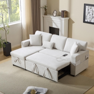 3 Seater Corner Sofa with Integrated Side Shelf and Built-in USB, Modular Sofa with Footstool and 3 Cushions, 214L x 131W x 87H cm, Beige