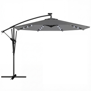 Outsunny Exzentrischer Sonnenschirm mit Solar-LEDs 330x295 cm Gartenschirm mit Kreuzfuß Kurbel Schutzhülle Dunkelgrau