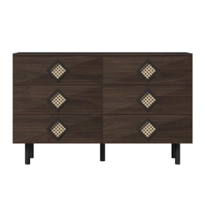 Tocador de 6 cajones con tiradores de ratán, gran capacidad de almacenamiento, para dormitorio y salón, 120x40x74,5 cm, Color natural