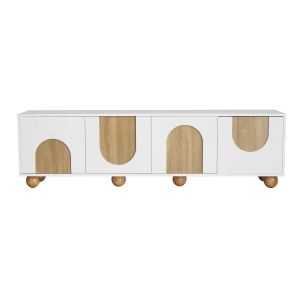 TV-Schrank mit 4 Türen, minimalistisches Design mit Holzmaserung und weißem Finish, 175 x 38 x 50 cm, Naturfarbe+Weiß
