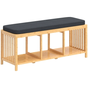 HOMCOM Banco zapatero de bambú, banco de pasillo con cojín acolchado y estante abierto, aspecto madera natural