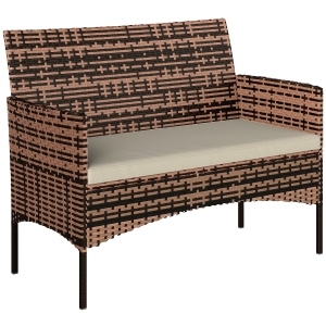 Outsunny 2-seater Rattan Garden Sofa PE-Rattan Outdoor Patio Sofa with Cushion, Anti-Slip Mats, Steel Frame, Khaki