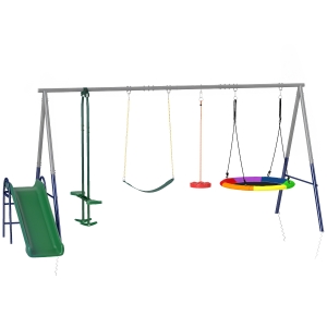 AIYAPLAY Columpio Infantil 5 en 1 con Tobogán, 3 Columpios, Cara a Cara, Altura Ajustable, 3-8 años, Multicolor