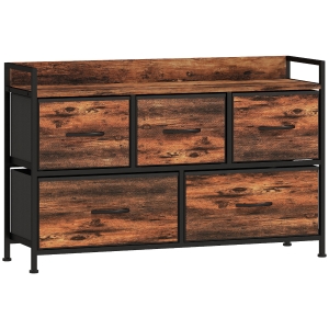 HOMCOM Cómoda com 5 Gavetas de Tecido Cómoda de Estilo Industrial com Estrutura Metálica para Quarto 98x29x63 cm Castanho Rústico