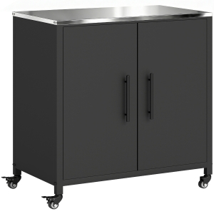 Outsunny Tuinkast met plantentafel berghok met roestvrijstalen werkblad uitneembaar rek magnetisch dubbele deur wielen