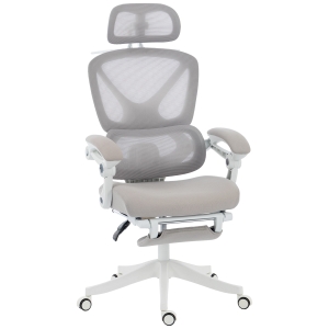 HOMCOM Silla de Escritorio de Malla Reclinable con Reposacabezas Soporte Lumbar Reposapiés y Altura Regulable Gris Claro