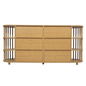 Cómoda aparador, 6 cajones & estantes abiertos, diseño romano con columnas & estantes-bambú, 160x40x75 cm, Color natural