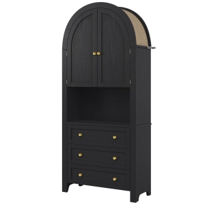 Armario alto con arco de almacenaje con 3 cajones, puertas y estante expositor abierto, para cocina y salón, 70x35x180 cm, Negro