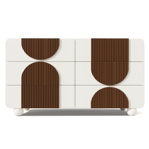Cómoda con 6 cajones, con listones de madera color chocolate y patas esféricas de madera maciza blancas, 121x41x71 cm, Blanco