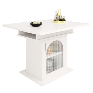 Mesa de Jantar Extensível com 3 Níveis de Arrumação e Portas de Vidro, 110-140x80x76 cm, Branco