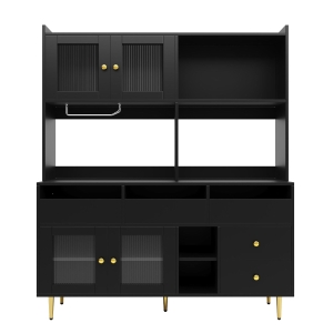 Armario alto para comedor, con puertas de cristal perforado, decoración dorada y amplio almacenamiento por niveles, 145x39x171 cm, Negro