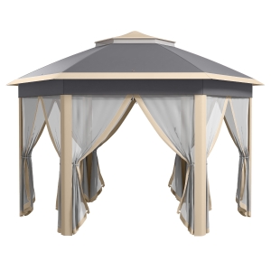 Outsunny tuinpaviljoen opvouwbaar tuinhuisje 4 x 4 m pop-up tent partytent incl. draagtas 6 zijpanelen dubbel dak zeshoekig beige + kaki
